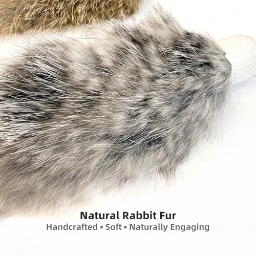 2 Pack Natural Rabbit Fur Cat Toy Refills – Silent Interactive Cat Toys for Indoor Cats, Handmade Replacement Heads with Secure Connector for Cat