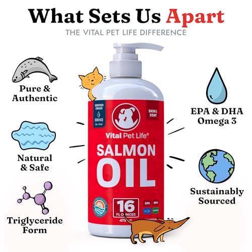 Salmon Oil for Dogs & Cats - Healthy Skin & Coat, Fish Oil, Omega 3 EPA DHA, Liquid Food Supplement for Pets, Supports Joint & Bone Health, Natural
