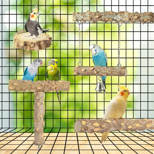 Bird Perches,4pcs Natural Wood Birds Stand Branch, Bird Perch Chewing Stick Cage Accessories Parrot Climbing Standing Branches Paw Grinding Fork Sets