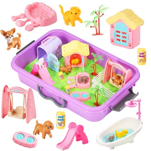 Carolart Pet Sensory bin,Dog and Cat Sandbox for Kids,Kids Play Sand Kit,Pet Play Set with Sensory Sand,Pet Care Play Set,Role Pretend Play Beach Toy