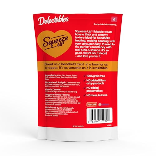 Delectables Squeeze Up Creamy Squeezable Puree, Lickable Wet Cat Treats, Grain Free, No Added Fillers, No By-Products, No Added Preservatives, 0.5