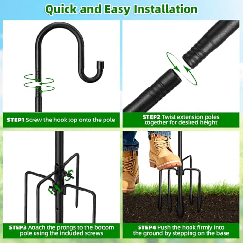 COCONUT 78" Heavy Duty Shepherds Hooks for Outdoor, Bird Feeder Pole with 5 Prong Base, Adjustable Height Shepherds Hook for Hummingbird Feeder, Bird