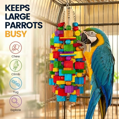 Large Bird Toy, 20 in XL Parrot Toys Natural Wood Blocks Bird Chew Toy for Foraging, Stainless Steel Chain Hanging Cage Toy for Macaws, Cockatoos