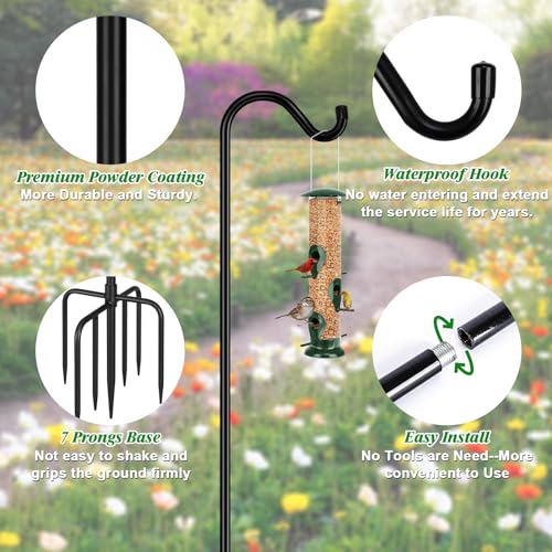 FEED GARDEN 76'' Bird Feeder Pole, Heavy Duty Shepherds Hooks for Outdoor with 7-Prong Base, Adjustable Shepherds Hook for Hummingbird Feeder