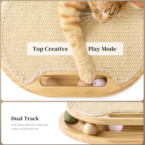 ZOMISIA Cat Scratcher with Ball Track Toy, Sisal Scratch Pad for Indoor Adult Cats, Wooden Interactive Cat Puzzle Toys for Kitten Mental Stimulation