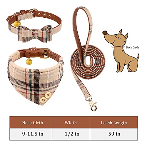 3 PCS Dog Collars for Small Puppy Collar and Leash Set, Bow Tie with Bell, Bandana Leather for Small Dogs Puppies and Cats(Beige)
