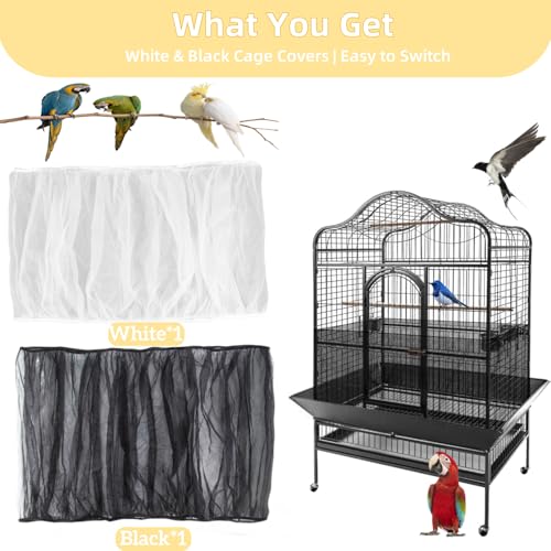 2Pcs Bird Cage Seed Catcher - Black White Bird Cage Cover, Birds Cages Netting Skirt Birds Cages Seed Catcher Guard for Parrot Parakeet Enclosures