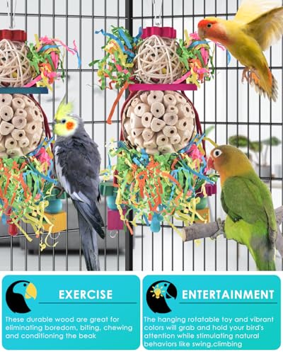 Bissap 2PCS Bird Parrot Foraging Shredder Hanging Toys Sola Balls Sepak Takraw with Pacifier for Small Parrots Parakeets Conures Cockatiels Love