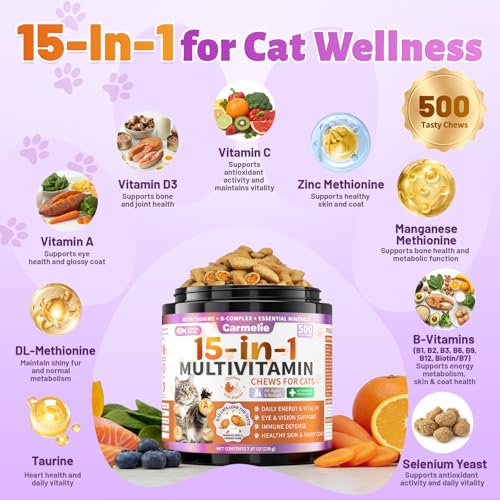 Taurine for Cats Vitamins Treats, 15 in 1 Cat Multivitamin Support Joint, Skin Coat, Digestion, Immunity & Energy, 500 Crunchy & Creamy Chews with