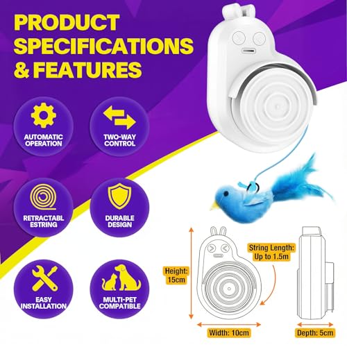 Interactive Cat Toys for Indoor Cats: Automatic Electric Flying Bird Feather & Mouse Wand, Rechargeable Electric Hanging Play Chase Exercise Moving