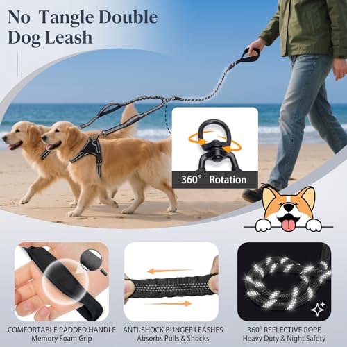 Durable Double Dog Leash Two Dog Leash No Tangle with Padded Handles & Reflective Strips for Medium Large Dogs, Comfortable Shock Absorbing Bungee