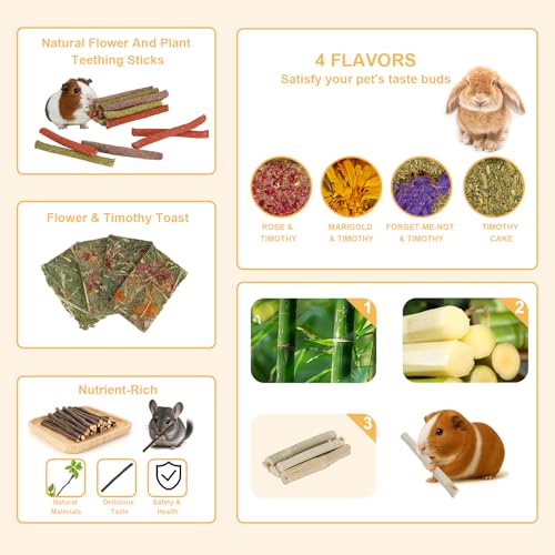 65PCS Rabbit Bunny Guinea Pig Chew Toys Treats, Chinchilla Hamster Chews Toys for Teeth, Timothy Hay Chips Treats Sticks for Rabbit Guinea Pig