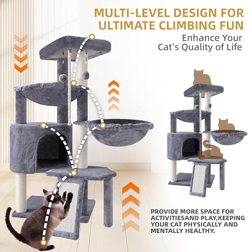 Xin Three Layer Cat Tree with Cat Condo and Two Hammocks,Grey