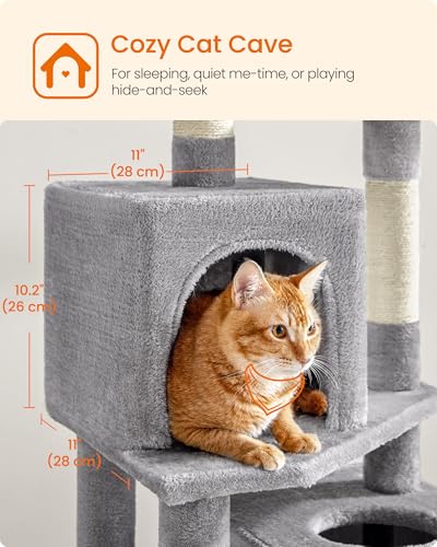 Feandrea Cat Tree, 59.5-Inch Tall Cat Tower, Plush Multi-Level Condo with 5 Scratching Posts, 2 Perches, 2 Caves, Hammock, 2 Pompoms, Light Gray