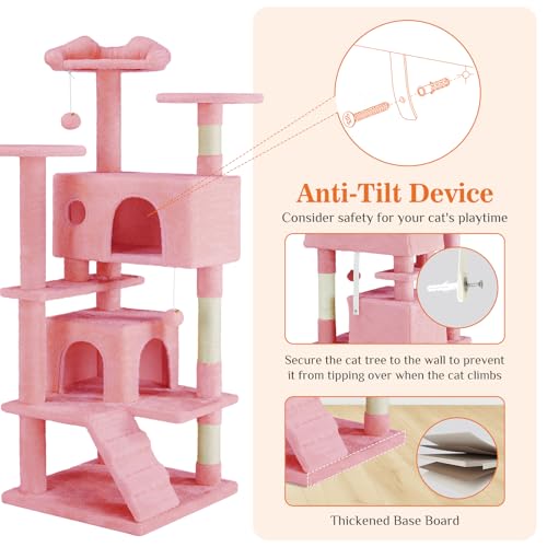 Sweetcrispy 54 Inch Cat Tree Tower, Multi-Level with Cat Scratching Post, Indoor Cat Condo with Climbing Ladder, Plush Toy, Play House for Cat, Pink