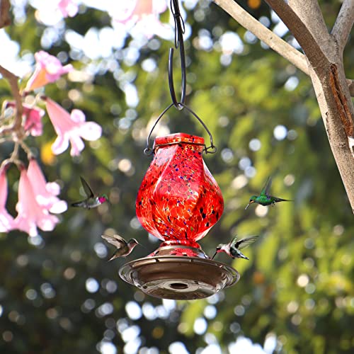 BOLITE Hummingbird Feeder, Hand Blown Glass Hummingbird Feeders for Outdoors Hanging with Ant Moat, 5 Bee-Proof Ports, Leak-Proof, 360° Perch, 22oz