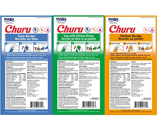 INABA Churu Lickable Purée Natural Cat Treats Tuna & Chicken 3 Flavor Assortment of 12 Tubes