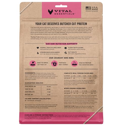 Vital Essentials Freeze Dried Cat Food, Raw Chicken Crunchy Mini Nibs | Complete Meal or Topper | 96% Chicken, Organs & Bone | Limited Ingredient