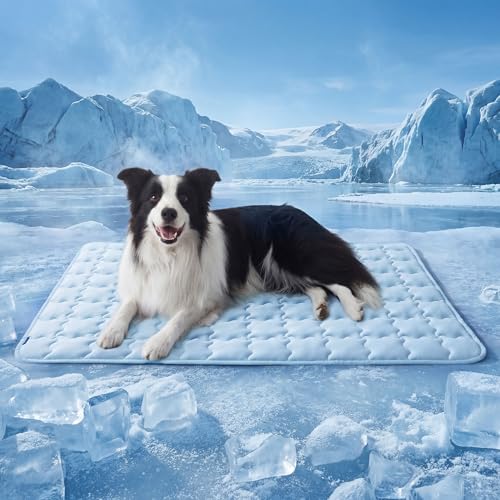 Bedsure Cooling Dog Mat Extra Large, Q-Max>0.5 XL Thin Breathable Cold Crate Pad for Pet, Portable Washable Kennel Bed for Summer Active Dog with