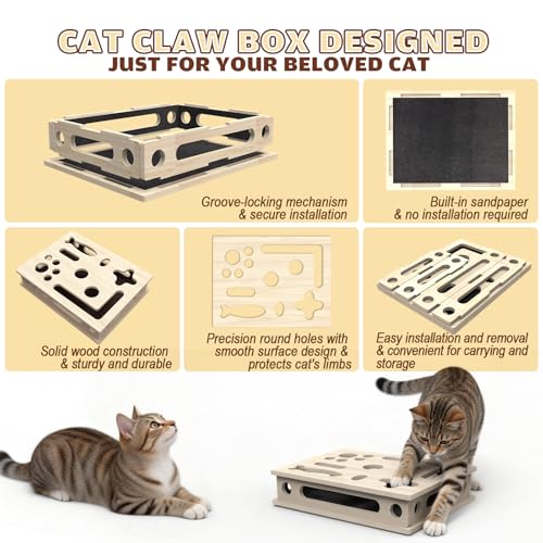 Cat Scratch Puzzle Enrichment Box, Large Solid Wood Construction Cat Nail File Enrichment Box with Sandpaper Inside, Cat Nail File Box Stress Free