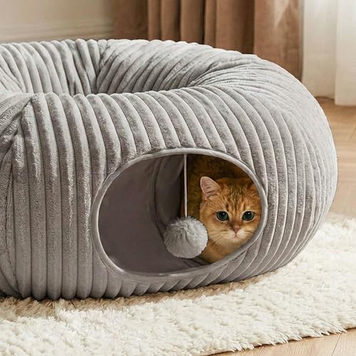 Cat Tunnel Bed for Indoor Cats, Peekaboo Cat Cave Bed,Soft Cat Donut Tunnel for Kitten Large Cats, Grey
