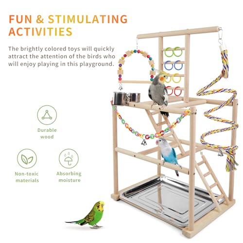 Bird Playground, Parrots Playstand for Small to Medium Birds, Perch Stand with 3 Ladders Playgym with Rope Perch, Swings Feeder Cups Bird Cage