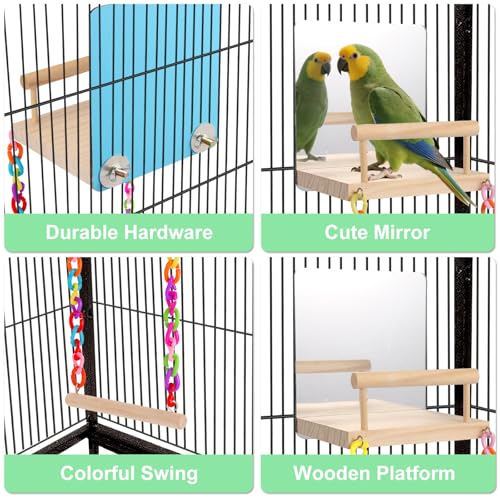 KyoukiBird Perch Platform Bird Toys with Bird Mirror Climbing Ladder Swing, Parakeet Cage Accessories - for Cockatiels, Lovebirds, Budgies,Pacific