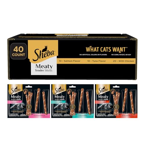Sheba Meaty Tender Sticks Soft Cat Treats Chicken, Tuna, and Salmon Flavor, 0.14 oz., 40 Sticks