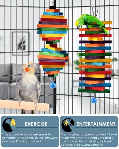 Bissap 2 PCS Bird Chew Toys, Multicolored Bagel Cascade Bird Parrot Chewing Sticks Biting Wooden Blocks Toy for Small Medium Conure Parakeet