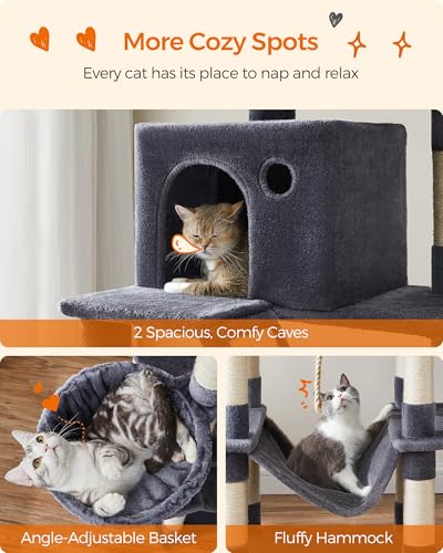 Feandrea Cat Tree, 81.1-Inch Large Cat Tower, Multi-Level Plush Condo with 13 Scratching Posts, 2 Perches, 2 Caves, Basket, Hammock, Pompoms, Smoky