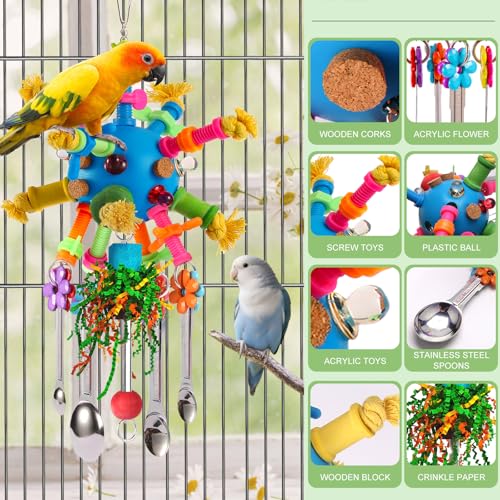 Parrot Toys Bird Toys Perch Pullable Stainless Steel Spoons Colorful Acrylic Stick Chew Toys for s Mini Macaws African Greys Cockatoos Conures