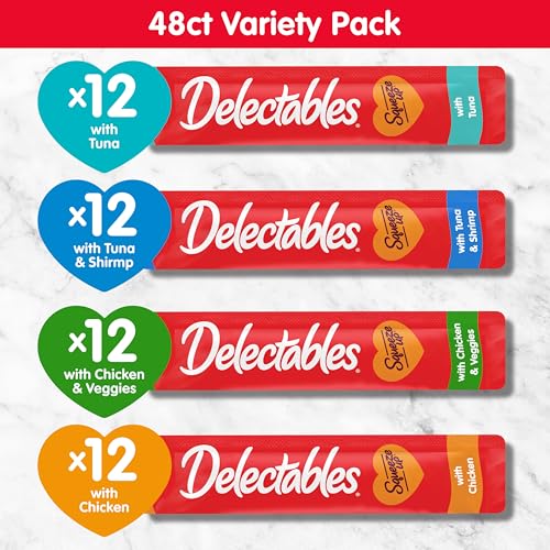 Delectables Squeeze Up Variety Pack, Creamy Squeezable Puree, Lickable Wet Cat Treats, Grain Free, No Added Fillers, No By-Products, No Added
