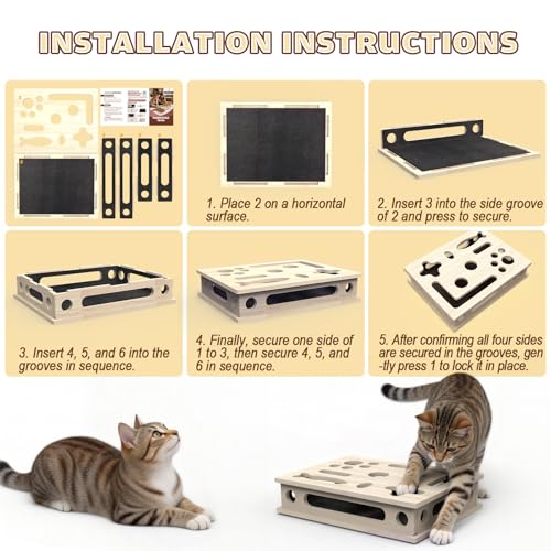 Cat Scratch Puzzle Enrichment Box, Large Solid Wood Construction Cat Nail File Enrichment Box with Sandpaper Inside, Cat Nail File Box Stress Free