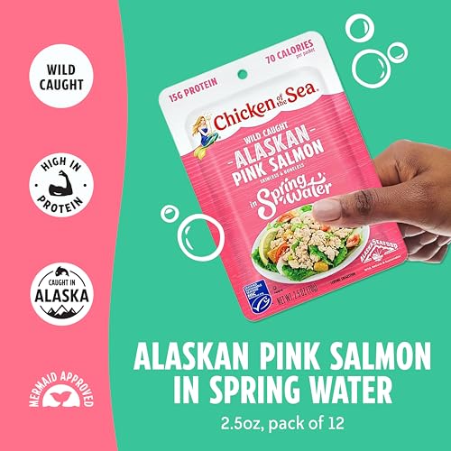 Chicken of the Sea Alaskan Pink Salmon in Spring Water, 2.5 Ounce Packets (Box of 12), Wild Caught, Skinless & Boneless