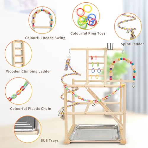 Bird Playground, Parrots Playstand for Small to Medium Birds, Perch Stand with 3 Ladders Playgym with Rope Perch, Swings Feeder Cups Bird Cage