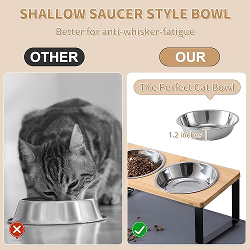 Upgraded Elevated Cat Bowls with Food Mat,15°Tilted Stand Anti Vomiting Raised Cat Dishes for Food and Water,2 Stainless Steel Bowls for Cats and