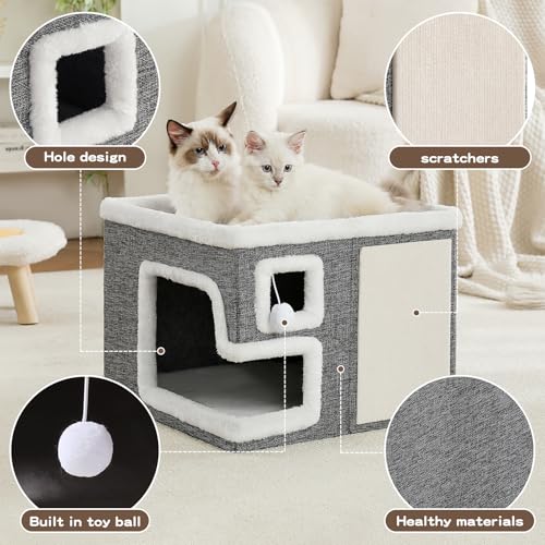 Cat Houses for Indoor Cats, Covered Cave Bed with Scratch Pad and Fluffy Ball, Foldable Cat Hideaway Condo for Large Cats, Modern Kitten