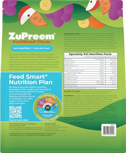 ZuPreem FruitBlend Bird Pellets, Daily Bird Food for Cockatiel, Lovebird, Quaker, Small Conure, Lorikeet, Core Nutrition for Medium Birds, Cockatiel