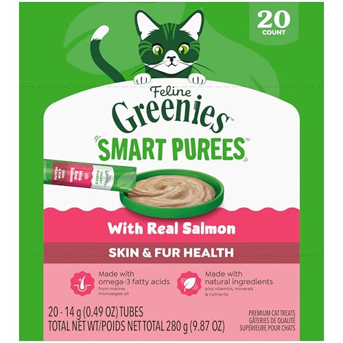 Greenies Feline Smart Purees Skin & Fur Health Lickable Cat Treats with Real Salmon, 0.49 oz. Tubes, 20 Count