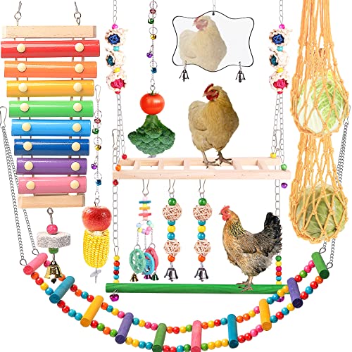Chicken Toys for Coop 12PCS Set, KAKUNM Chicken Enrichment Toys，Including Xylophone, Swing Set, Mirror Toy, Flexible Ladder, Vegetable String Bag and
