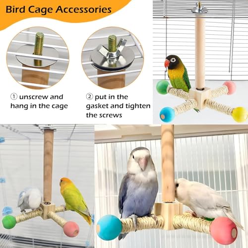 Bird Stand Perch Toy, Interactive Spinning Parakeet Toys, Wooden Exercise Wheel Parrot Toy, Enrichment Cockatiel Toy for Birds Cage, Bird Cage