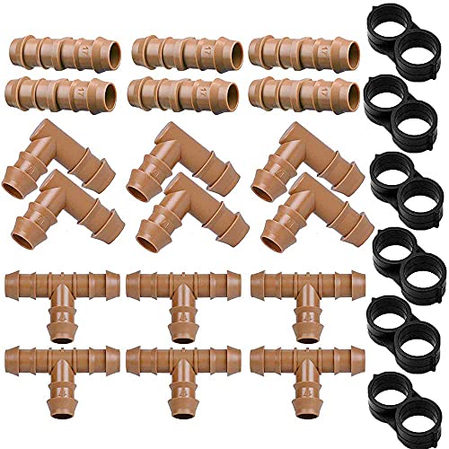 JAYEE 24P Drip Irrigation Fittings Kit for 1/2" Tubing (.600 ID), 17mm Parts- 6 Tees, 6 Couplings, 6 Elbows,6 End Cap Plugs- Barded Connectors for