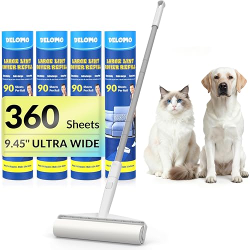 Large Lint Roller for Floors Carpet Furniture Bed – 9.45" Wide Extra Sticky Pet Hair Remover, 4 Refills 360 Sheets Value Pack, Long Handle for