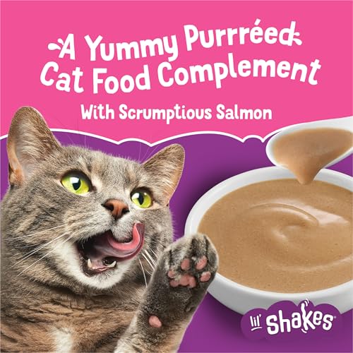 Purina Friskies Pureed Cat Food Topper, Lil’ Shakes With Scrumptious Salmon Lickable Cat Treats - (Pack of 16) 1.55 oz. Pouches