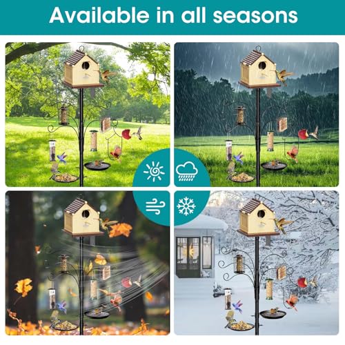 108 Inch Bird Feeder Pole Squirrel Proof, Heavy Duty Bird House Pole, Adjustable Bird Feeder Stand with 5 Shepherds Hooks, 2 Mental Trays