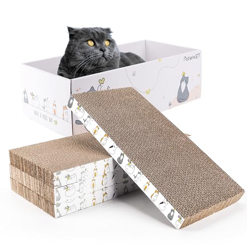 PatiencET Cat Scratch Pad with Box, 4 Pack Cardboard Cat Scratcher Lounge Bed for Indoor Cats, Reversible Corrugated Scratching Board Refill with