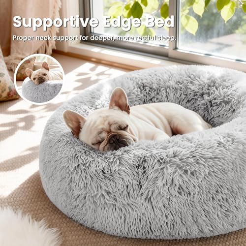 Love's cabin Calming Cat Bed for Indoor Cats, Anti-Anxiety Donut Round Dog Bed, Fluffy Faux Fur Washable Pet Bed for Small Medium Dogs and Cats