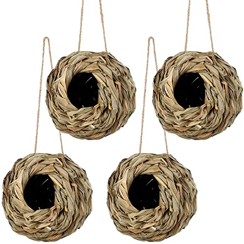 winemana 4 Pack Hanging Bird Nest House for Outside, Ball Shape, Hand Woven, Durable Sturdy, Made of Natural Grass, Perfect for Garden Patio Lawn