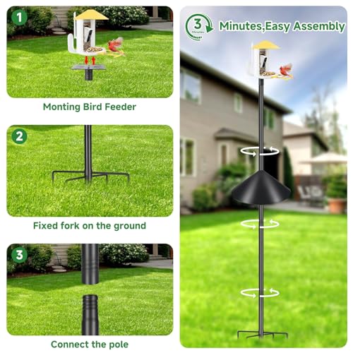 Smart Bird Feeder Pole with Squirrel Baffle & Bath-Heavy Duty Adjustable 3-6.6ft Universal Stand Mount for Backyard&Outdoor Bird Houses/Cameras (80"