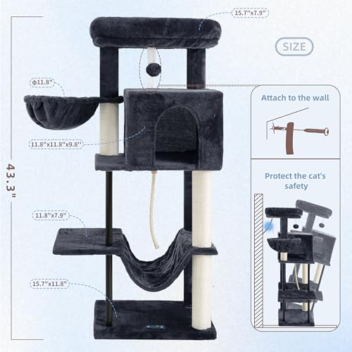 Gitelsnour Cat Tree, Cat Tower for Indoor Cats, 43.3 inch Cat Tree Tower with Sturdy Steel Tube, Hammock, Cat Condo for Small Cats and Kittens